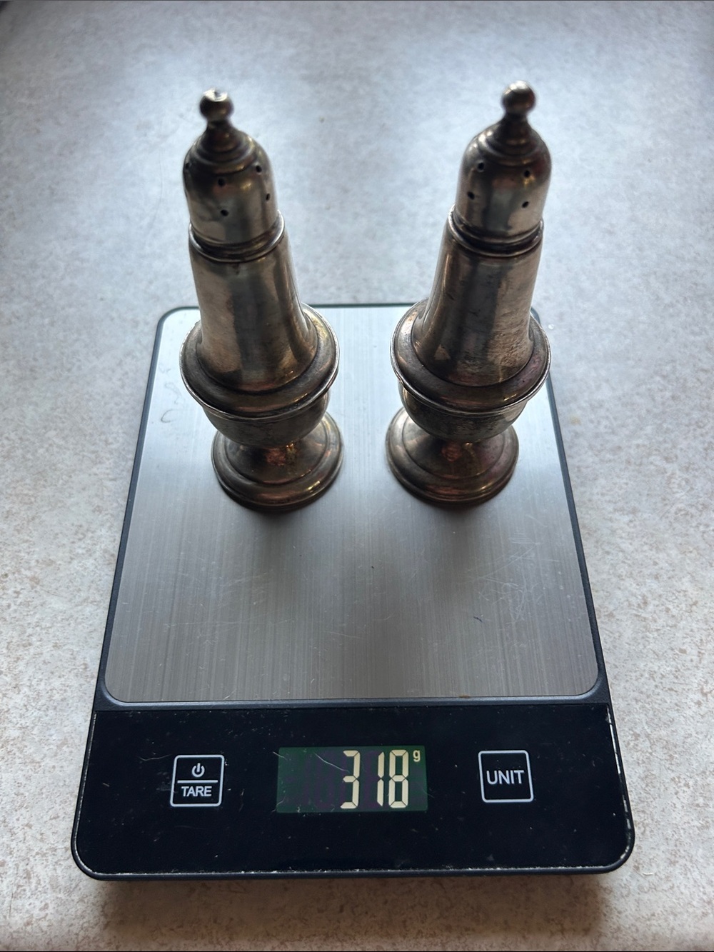 Antique-Style Sterling Weighted Salt and Pepper Shakers - old patina
